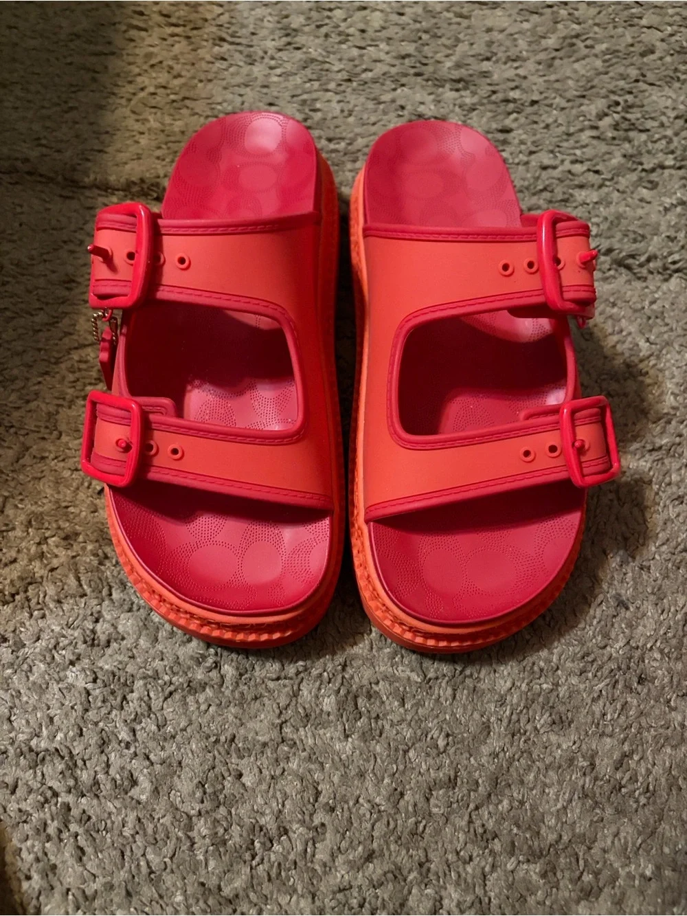 Coach Bright Red and Orange Double-Buckle Slide Sandals - Picture 5 of 6